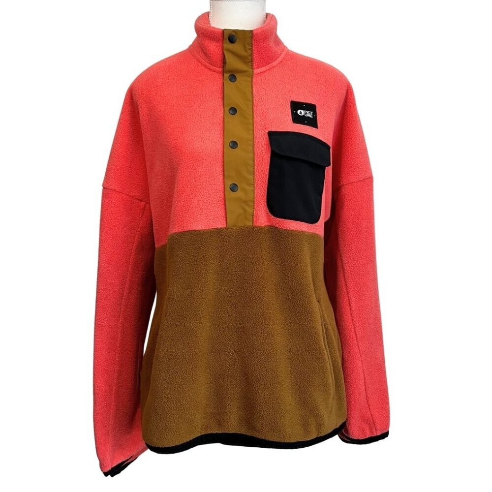 Coral and Brown Colorblock Fleece Pullover Sweater - Womens